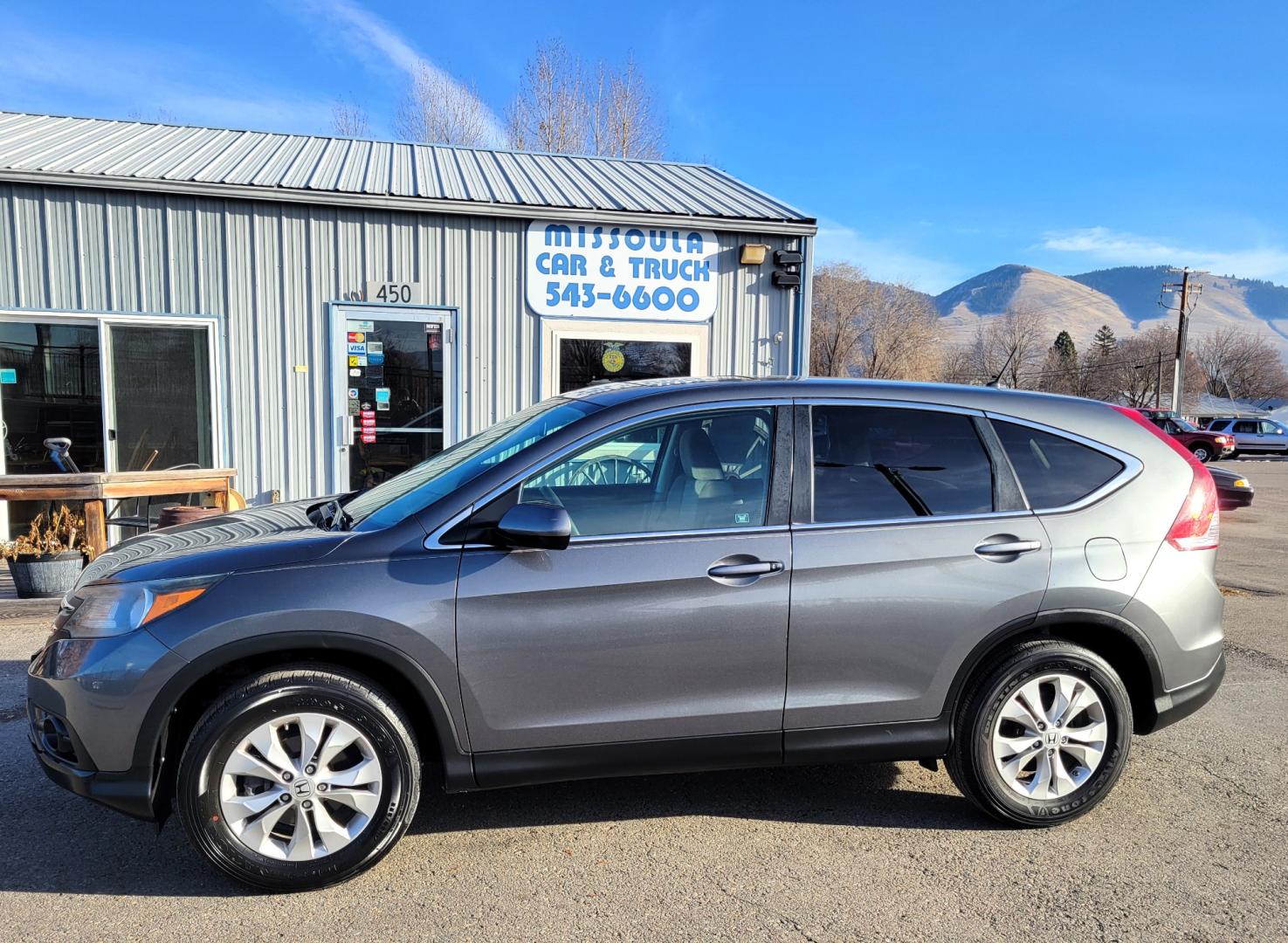 2012 Grey /Gray Honda CR-V EX (2HKRM4H50CH) with an 2.4L I4 engine, 5 Speed Automatic transmission, located at 450 N Russell, Missoula, MT, 59801, (406) 543-6600, 46.874496, -114.017433 - Nice AWD SUV. Automatic Transmission. Air. Cruise. Tilt. Power Sunroof. Power Windows and Locks., AM FM CD. Backup Camera - Photo#0